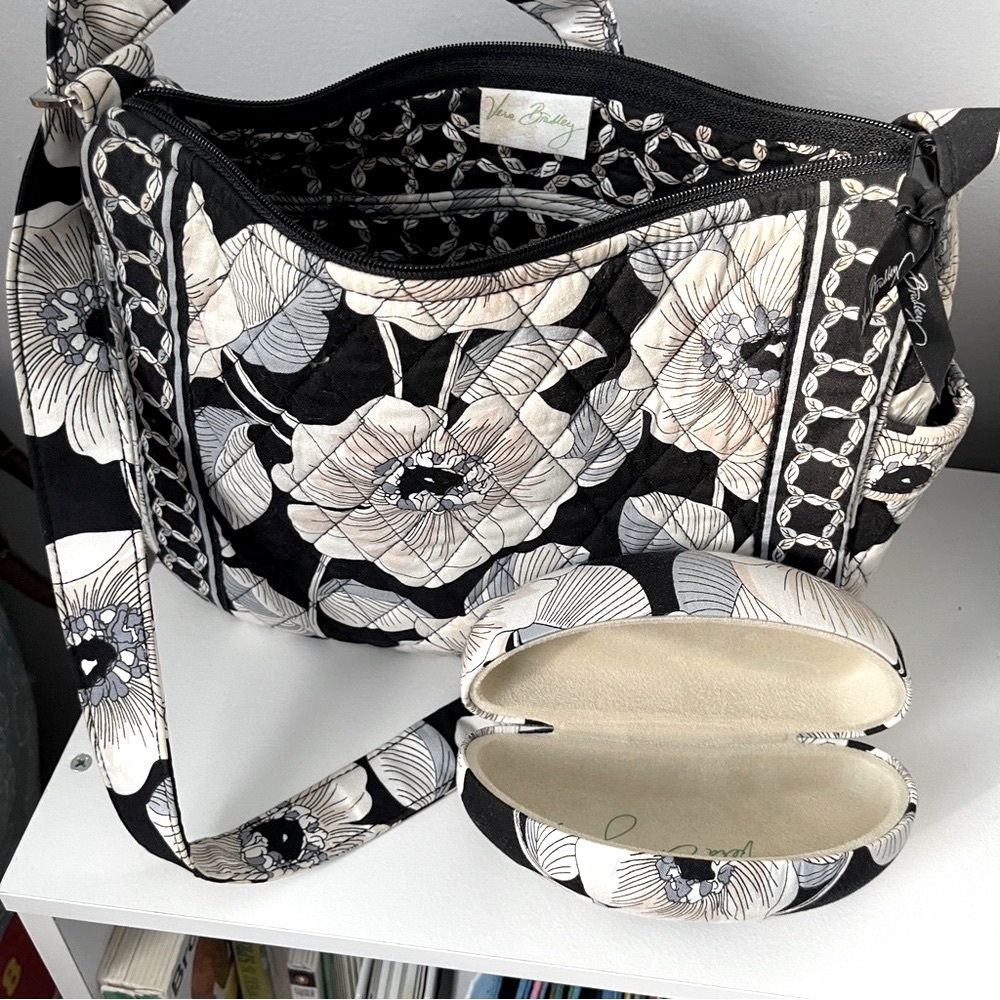 Vera Bradley Camelia pattern crossbody purse and clamshell sunglasses case